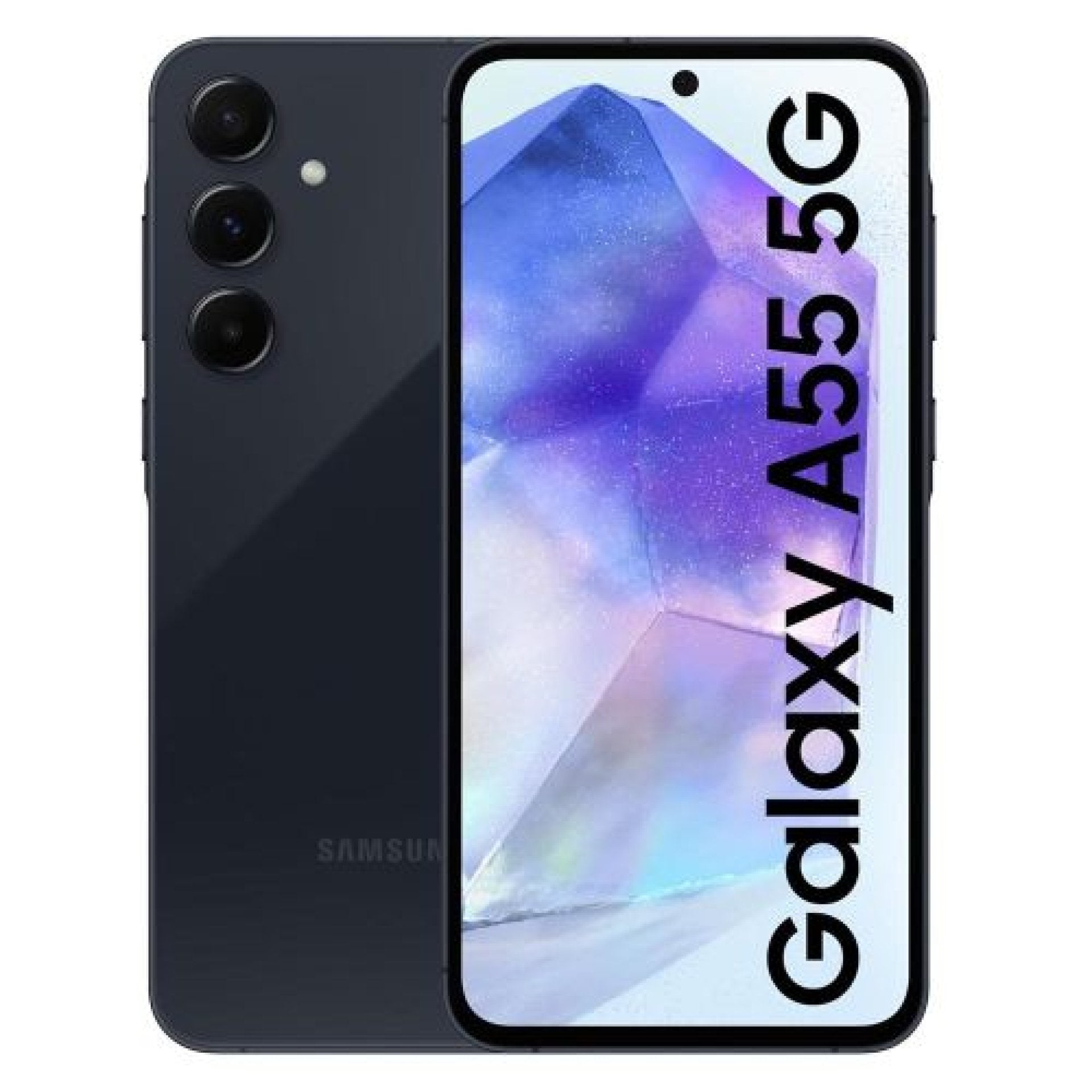 Samsung Galaxy A55 5G smartphone in black color showing the front screen display and rear camera setup.